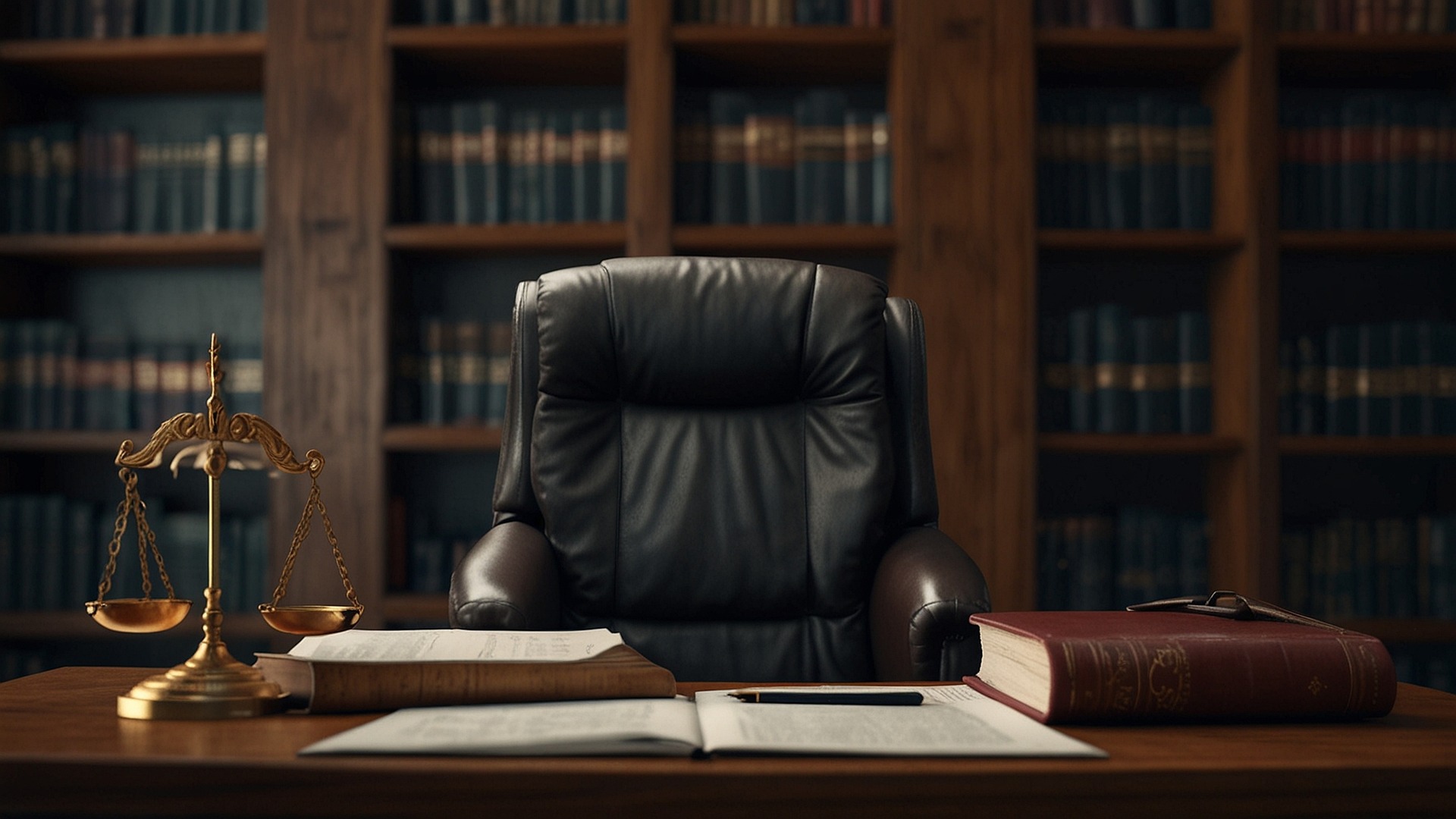 Black Chair & table with law books in the background